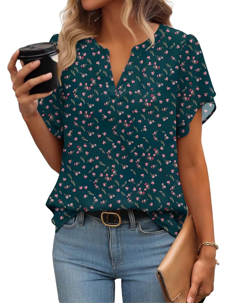 Women's Dark Green Floral Short Sleeve V Neck Imported Casual Blouse Tops Shirts